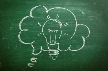 A chalk drawing of a light bulb with thought bubble on a blackboard, concept of idea and creativity.