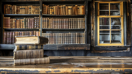 A stack of books on a table in front of a window