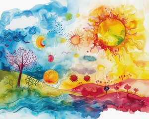 A weather graph, with symbols ranging from stormy clouds troubles to sunny skies joy, painted in bright watercolors - obrazy, fototapety, plakaty