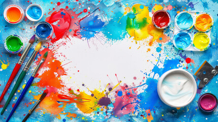 A painting supplies table with a white background and a rainbow of colors