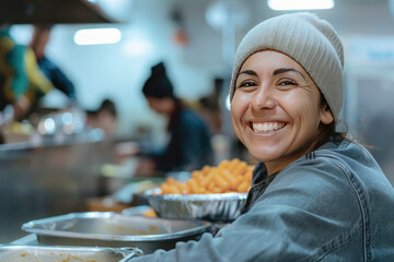 A smiling volunteer serving food at a shelter