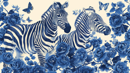 Two zebras are standing in a field of flowers