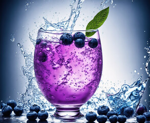 A glass filled with blueberry juice with ice cubes and a sprig of mint on the side.