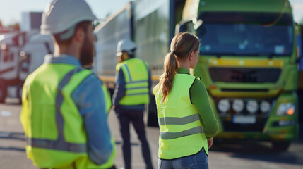 Fototapeta premium Construction workers in safety gear monitor a truck's movement on a job site, ensuring safe and efficient operations.