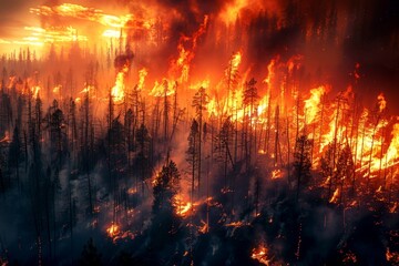 A wildfire tears through a forest, devastating habitats and releasing harmful gases into the air