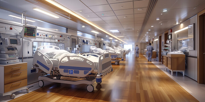 A image of the intensive care unit in a hospital, with patients receiving specialized medical care and monitoring from attentive healthcare professional