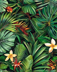 Botanical pattern featuring lush tropical leaves and flowers, abstract  , background