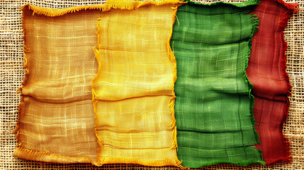 A colorful piece of cloth with a yellow, green and red stripe