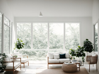 A living room with white walls, wooden floors, and large windows that let in natural light.
