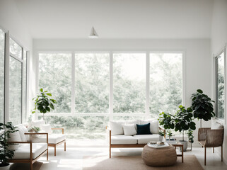 Fototapeta premium A living room with white walls, wooden floors, and large windows that let in natural light.