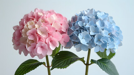 A cluster of pink and blue hydrangeas blooms in a beautiful spring garden
