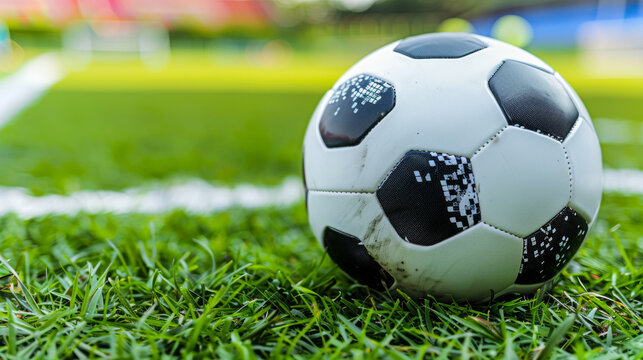 A soccer ball is sitting on the grass