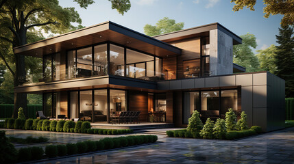 A Luxury Modern House With Big Windows Surronuded by Green Trees