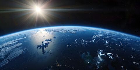 wide shot of the earth from space, blue horizon, black sky, bright sun in upper left corner, cinematic