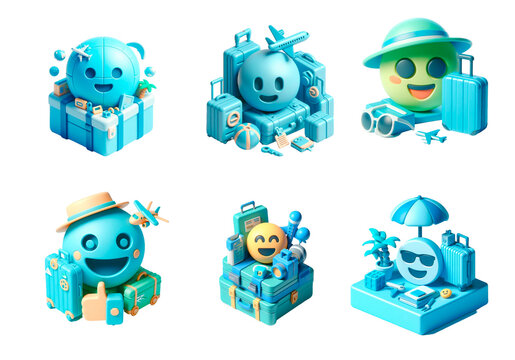 Set of isometric icons with cute cartoon characters.