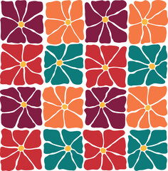 Fototapeta premium Groovy doodle abstract square shape flowers. Floral colorful seamless pattern in Matisse style. 