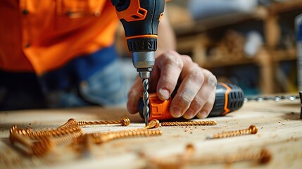 Close up asian man hand holding electric cordless screwdriver machine and screws lie for screwing a screw assembling furniture at home. iron screw. copy space for text. - obrazy, fototapety, plakaty