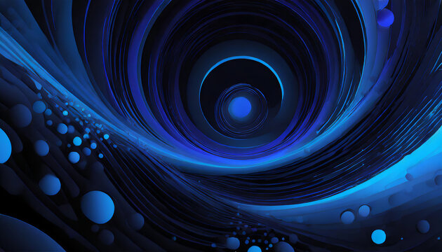 abstract blue spiral circles with copy space on black background