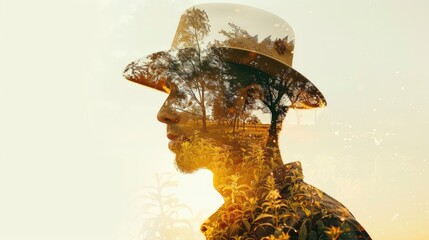Double exposure. Man with hat standing among trees
