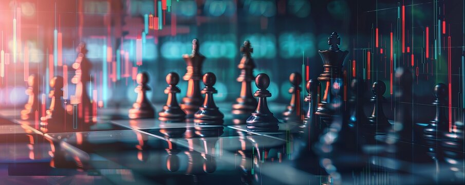  A meticulously planned chess game unfolds over a background of rising and falling stock graphs, symbolizing calculated risks