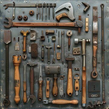 old tools on a wooden background