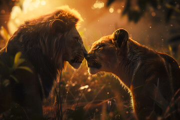 Two lions are standing next to each other in a forest. The sun is shining on them, creating a warm and peaceful atmosphere. Generative AI - obrazy, fototapety, plakaty