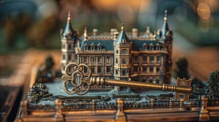 Antique Brass Key and Ornate Castlelike Mansion Model on Elegant Table Symbolizing Luxury Real Estate Investment