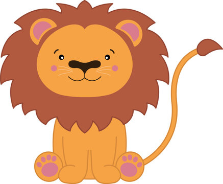 recommend clip art: cute cartoon vector lion isolated on transparent background. funny lion cub sitting with long tail  for children. orange lion png clip art character