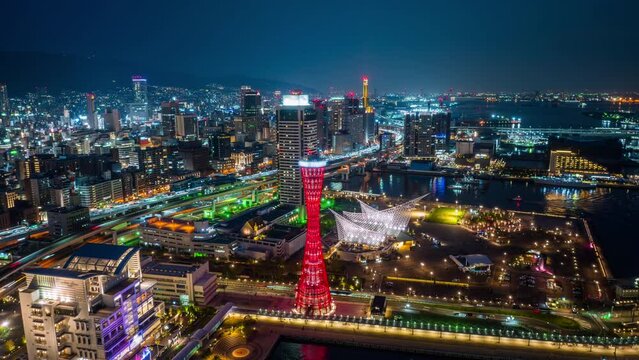 Aerial view of Cityscape and traffic at night in Kobe, Japan.