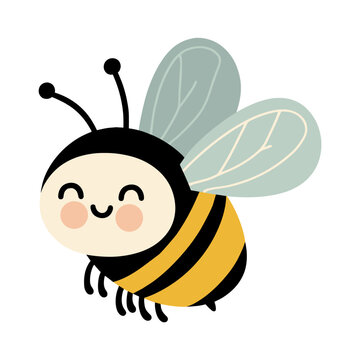 Cute bee clipart for kids. Spring and summer insect in flat style and isolated on white illustration	