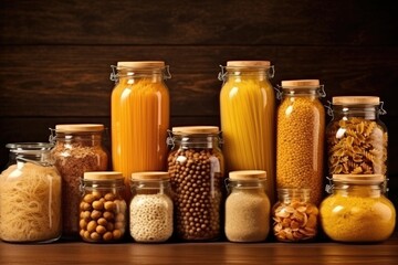 Varieties of dry pasta stored in glass jars on a wooden kitchen shelf, a rustic aesthetic. Assorted Dry Pasta in Glass Jars