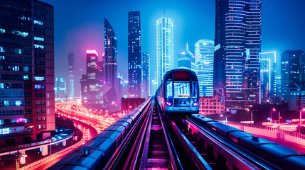 Futuristic cityscape with a sleek monorail train gliding on elevated tracks amid illuminated skyscrapers under a night sky.