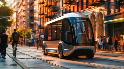 Obraz premium Futuristic autonomous bus gliding through city lights. Urban mobility reimagined.