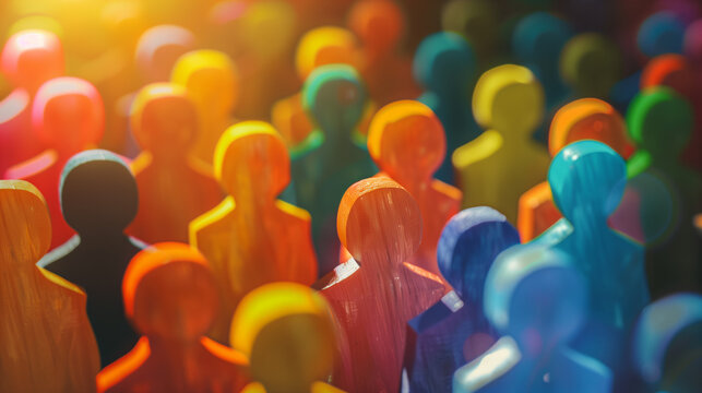 Colorful wooden people icons in a crowd. Diversity and Inclusion concept.