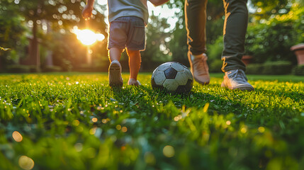 Obraz premium Man with little boy playing football, father and son, family vacation
