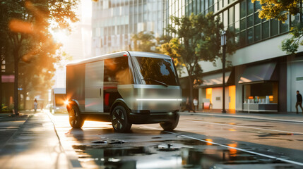 Fototapeta premium Autonomous delivery vehicle on a wet urban street, reflecting the golden hour light, surrounded by modern architecture and lush greenery, showcasing future urban transportation.