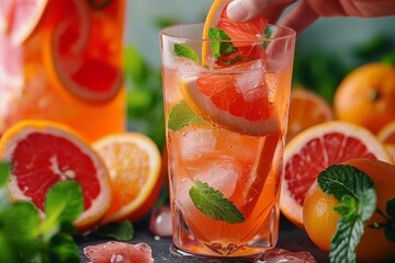 Closeup shot of a hand holding a chilled glass of fruit juice.