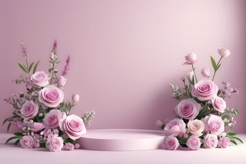 Background podium spring flower product beauty pink display nature. podium stand background scene floral mockup cosmetic white blossom summer abstract shadow platform minimal design render stage