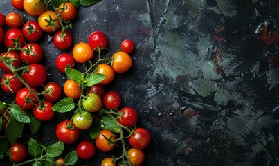 Juicy cherry tomatoes displayed on a dark stone surface.
 - Powered by Adobe