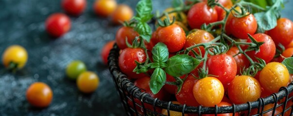 Ripe cherry tomatoes arranged in a fashionable metal basket on a black surface mesmerize with their natural appeal and vibrant colors.
