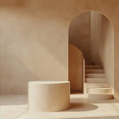 A cylinder podium with a stair against a beige, minimal wall, simplicity in form and color