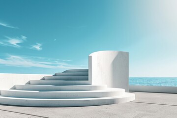 A sleek cylinder podium with stairs under the vast blue sky, minimal wall as its backdrop