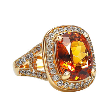 Elegant Gold Ring with Large Amber Zircon and Diamond Accents, depicting Luxury Jewelry Design and Fashion Accessory Concept.