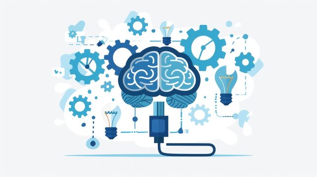 Illustration of human brain with plug connected to light bulbs and gears, concept of idea, creativity and innovation.