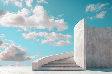 Blue sky watches over a cylinder podium with stair, contrasted by a stark, minimal wall