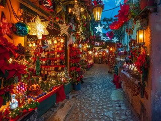 Fototapeta premium Festive Mexican Alleyway with Vibrant Christmas Decorations, Piñatas, Lights & Ornaments - Enchanting Holiday Traditions in Mexico
