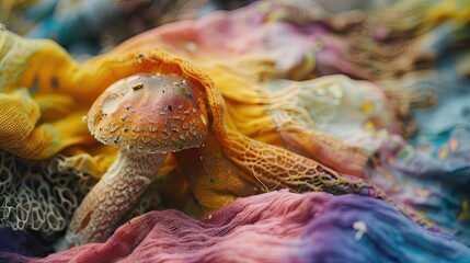 A close-up of a mushroom being used as a natural dye with fabrics taking on the colors derived from fungi