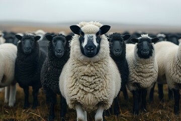 Contrasting Flock: Black and White Sheep Ensemble. Concept Contrasting Flock, Black and White Sheep, Unique Ensemble