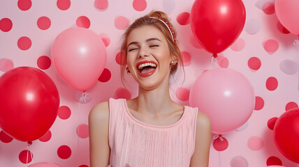 Young adult woman with red and pink air balloons laughing, on pink polka dots background. Happy holiday party. Joyful beauty having fun, celebrating Valentine's Day. Neural network generated image.