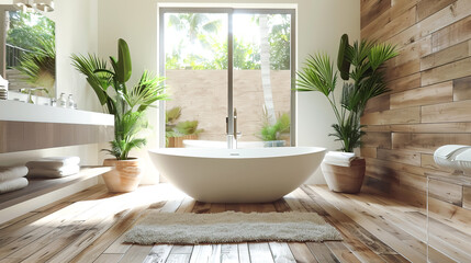Modern spa-like bathroom with natural elements and tranquil design